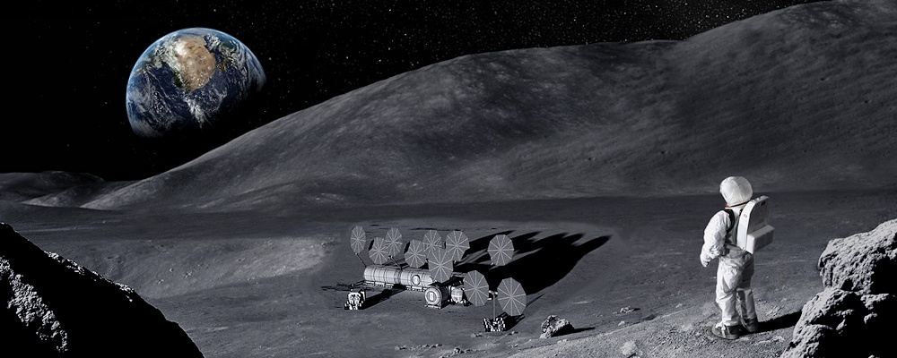 View of the Earth rising over a Lunar Outpost